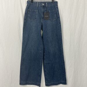 Flvsun Blue Denim Patch Pocket Wide Leg Jeans Womens Sz S/4 Hippie Flare Boho